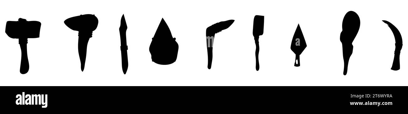 Arma primitiva e sagoma dell'utensile. Martello Caveman e ascia con falce e freccia per la caccia e il lavoro vettoriale rurale Illustrazione Vettoriale