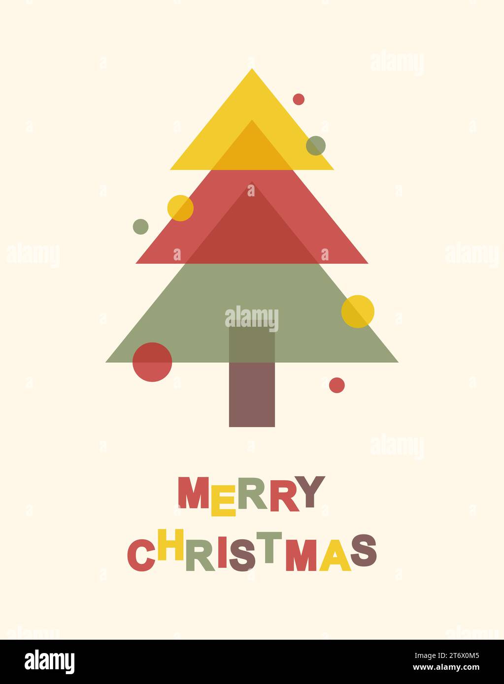 Biglietto d'auguri di Natale. Albero di Natale multicolore con decorazioni e testo di buon Natale. Illustrazione vettoriale piatta in stile risografico Illustrazione Vettoriale