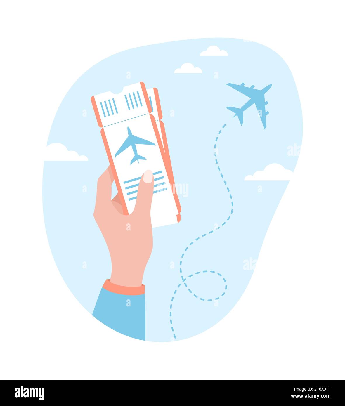 Una mano che regge i biglietti aerei e un aereo che vola nel cielo blu. Illustrazione del vettore piatto Illustrazione Vettoriale