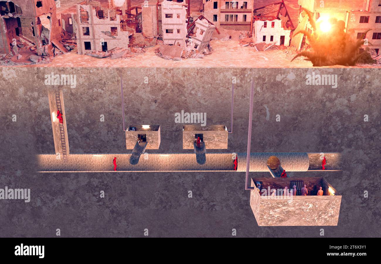 Città del Medio Oriente, edifici bombardati finiscono distrutti. Operazioni militari. Striscia di Gaza. Tunnel sotterranei per fuggire, nascondersi e trattenere i prigionieri Foto Stock
