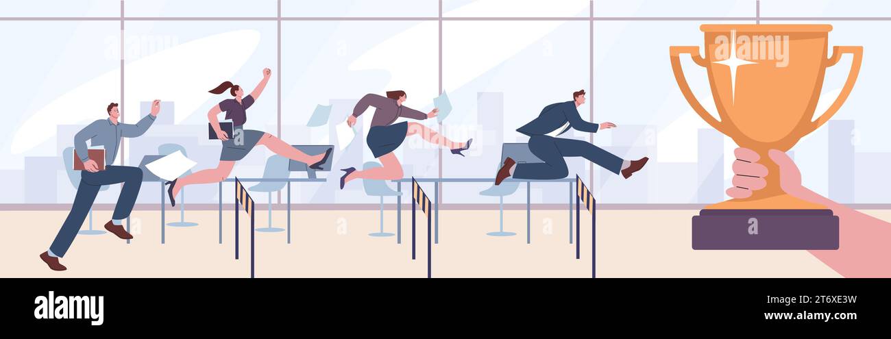Uomini d'affari che corrono con ostacoli. I lavoratori di cartoni animati si sfidano e corrono verso la tazza d'oro. Bonus dalla scena vettoriale boss kicky Illustrazione Vettoriale