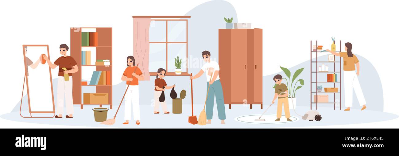 Adolescenti che puliscono casa insieme. Pulizia stagionale per famiglie, fratello e sorella che fanno i compiti, aspirapolvere e spazzoloni. Personaggi vettoriali dei cartoni animati Illustrazione Vettoriale