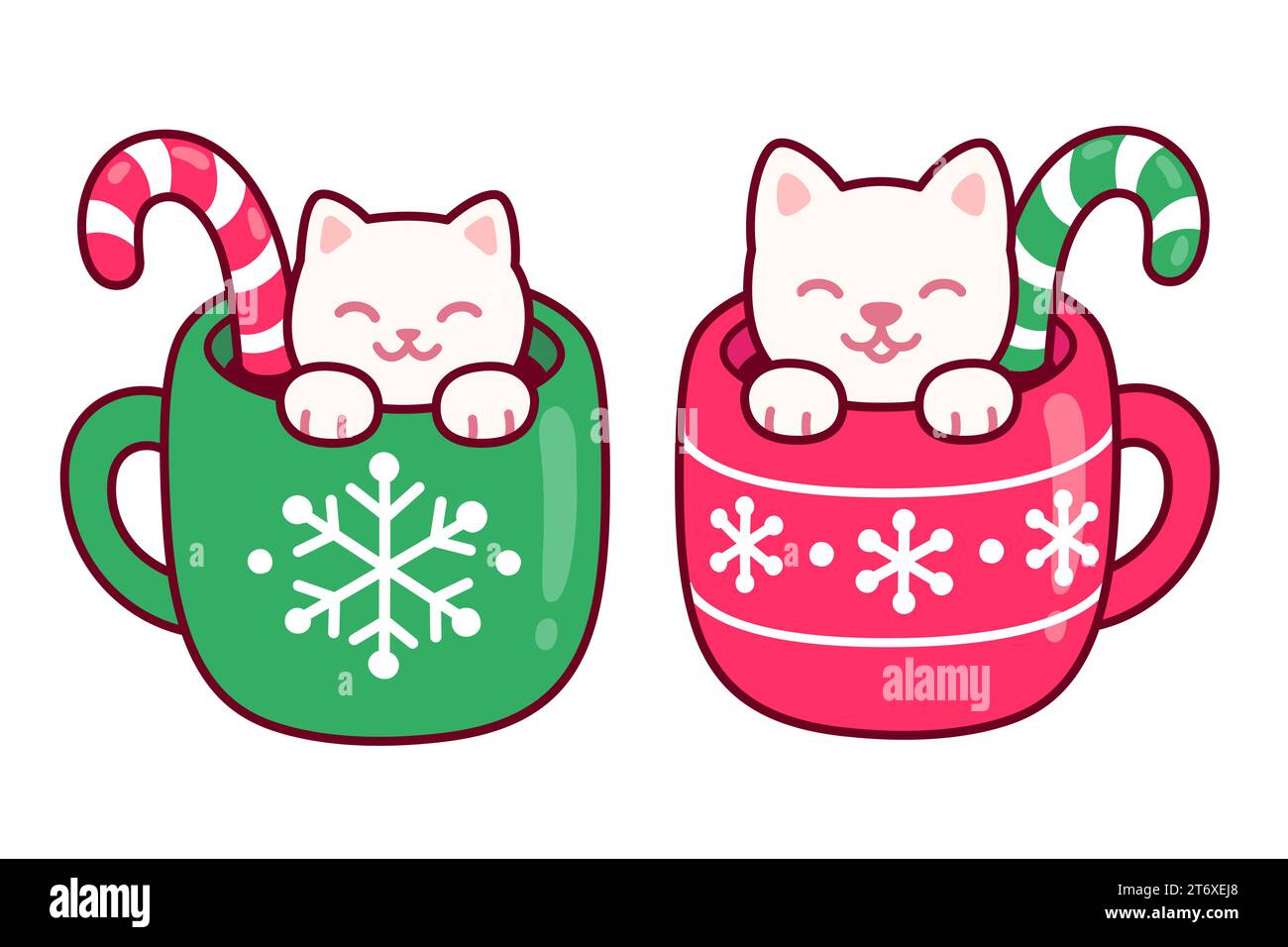 Bicchieri per bevande natalizie con gatto di marshmallow e cane con canna da zucchero. Kawaii coppia latte art. Carino cartoni animati, illustrazione vettoriale dei biglietti d'auguri di Natale. Illustrazione Vettoriale