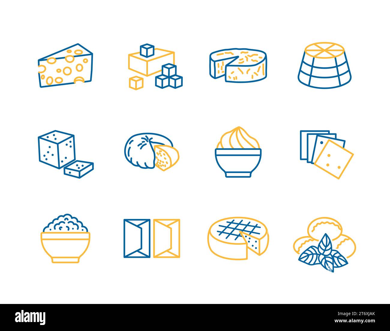 Set di icone del formaggio vettoriale. Cartello prodotti lattiero-caseari. Simbolo grafico per la progettazione di siti Web e app per cucinare, logo, app, interfaccia utente Illustrazione Vettoriale