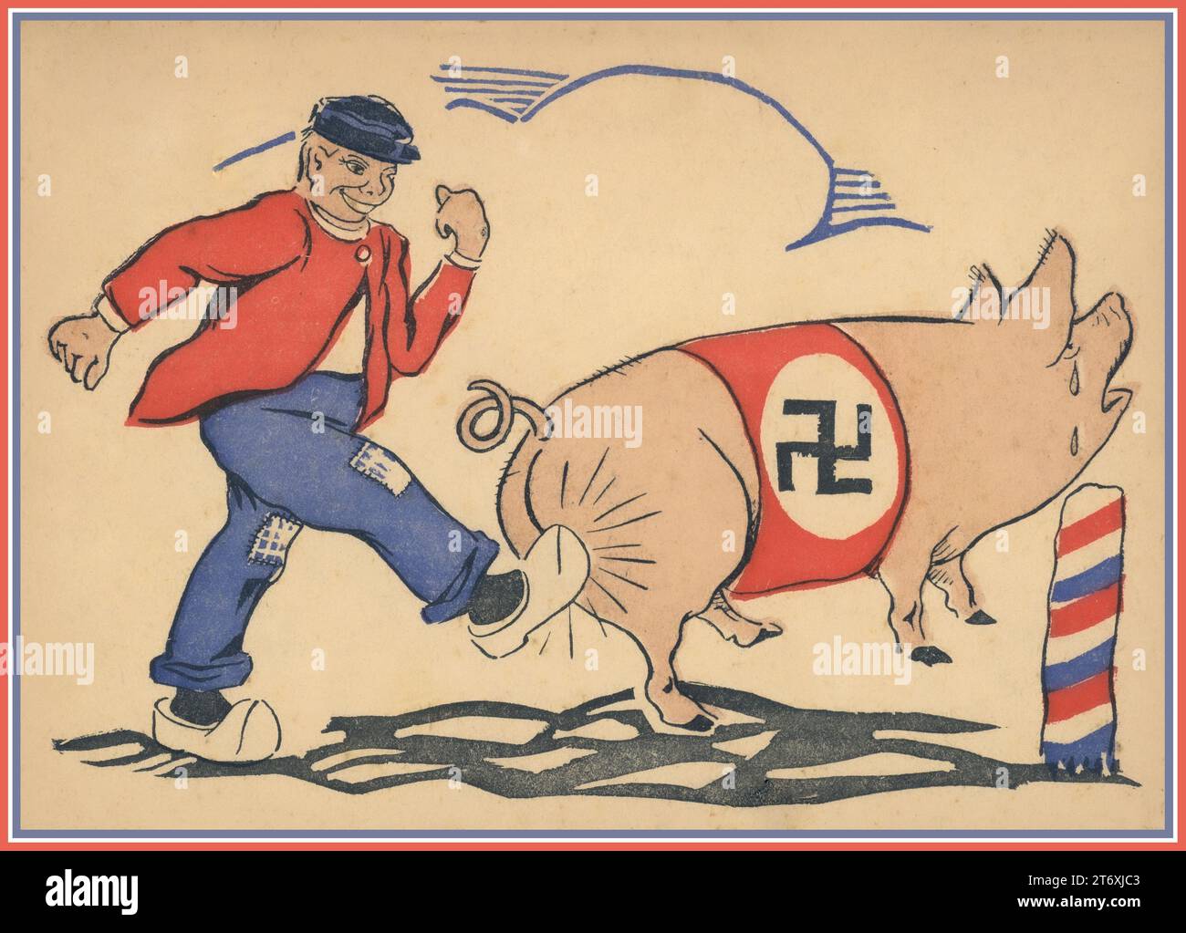 WW2 Nederlands Dutch Propaganda Nazi Occupation poster con un uomo olandese che indossa zoccoli, che calcia una svastica che indossa un maiale strisciante sul retro. Olanda, Nederlands, seconda guerra mondiale. Illustrazione di guerra cartone animato umoristico scuro. Foto Stock