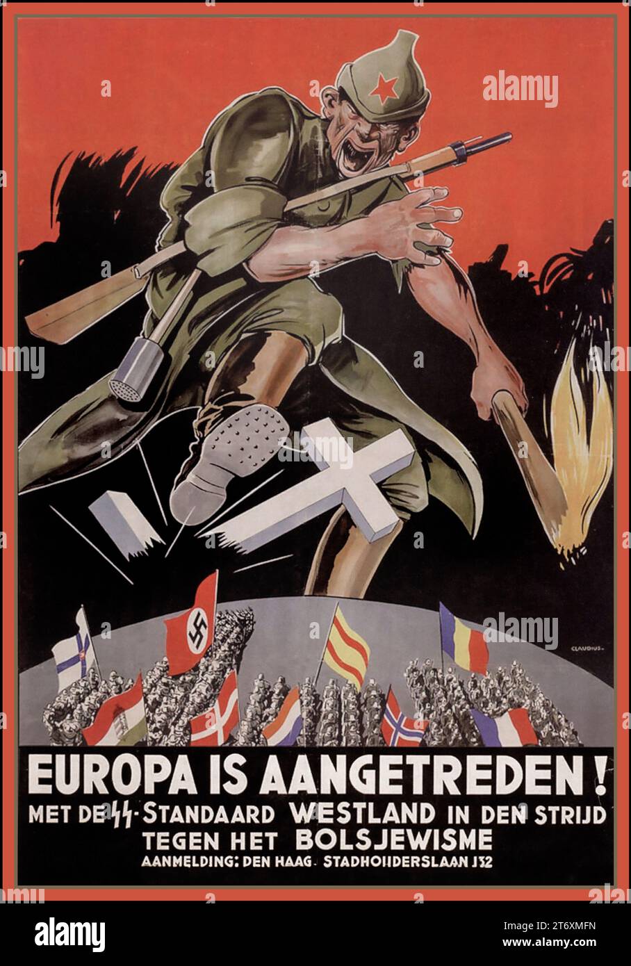 Olanda Germania nazista ed Europa contro il bolscevismo. Manifesto di propaganda contro i bolscevichi. DIDASCALIA : L' EUROPA È ENTRATA ! Con la bandiera SS Swastika Flag standard Westland nella battaglia contro il bolscevismo. L'Aia Nederlands Foto Stock