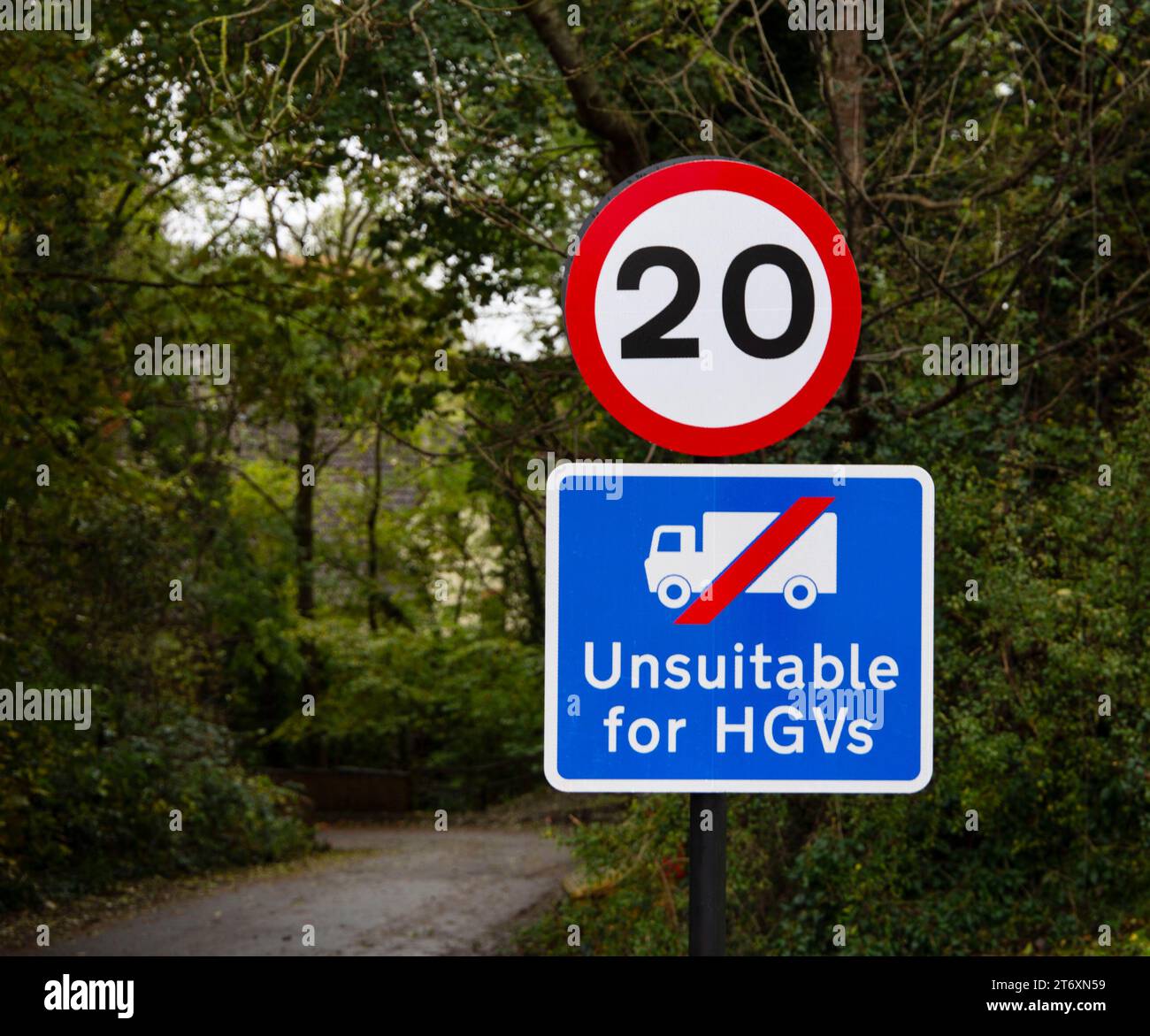 Limite di velocità di 20 km/h e non adatto per i veicoli pesanti di fronte a una strada rurale con vegetazione lussureggiante Foto Stock