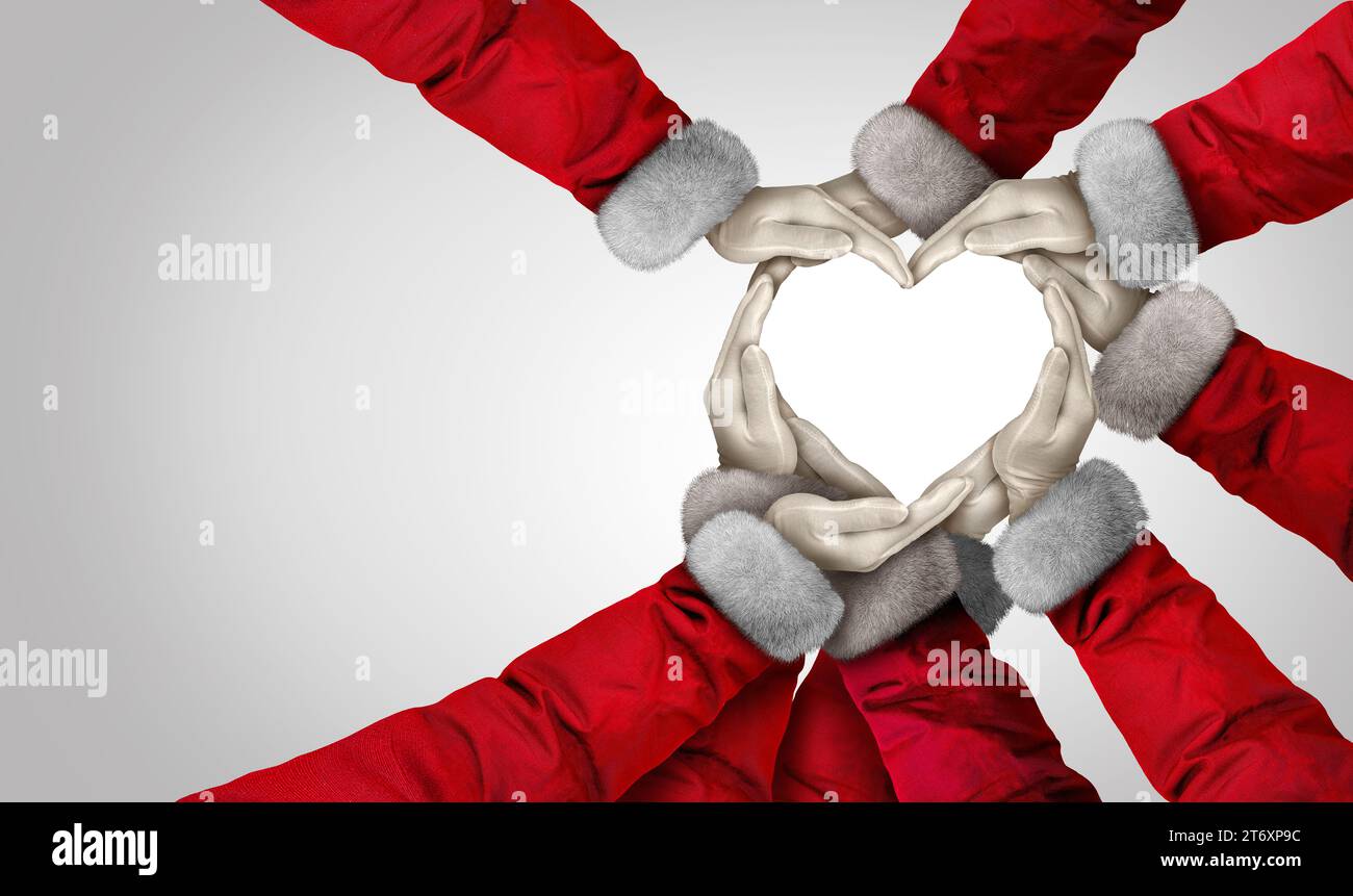 Vacanze di Natale amore e unità della comunità come un gruppo di mani e braccia di Babbo Natale che si uniscono insieme nello spirito della stagione del dono. Foto Stock