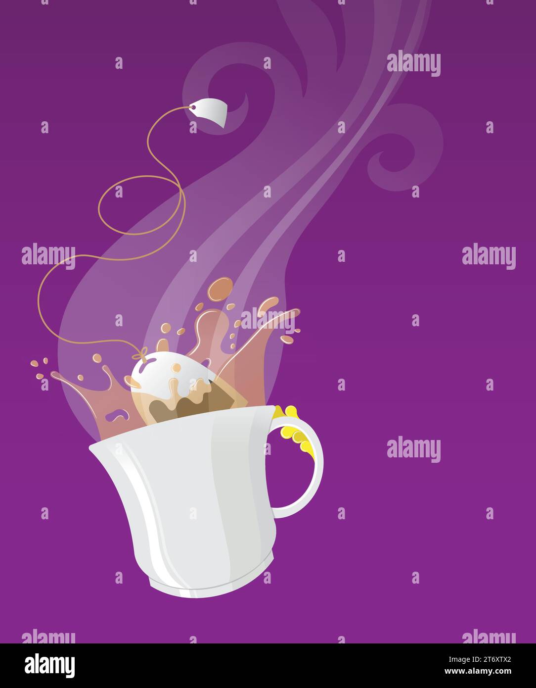 Illustrazione digitale dell'infusione di tè caldo in tazza bianca su sfondo viola Illustrazione Vettoriale
