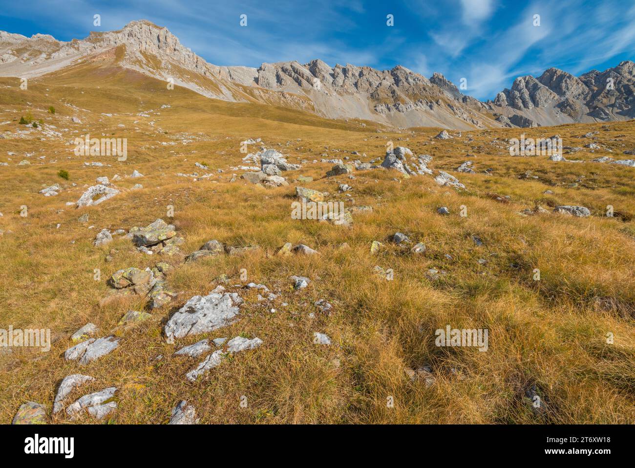 Cresta montuosa nella zona del passo San Pellegrino, ripida cresta rocciosa che domina pendici erbosi in autunno. Foto Stock