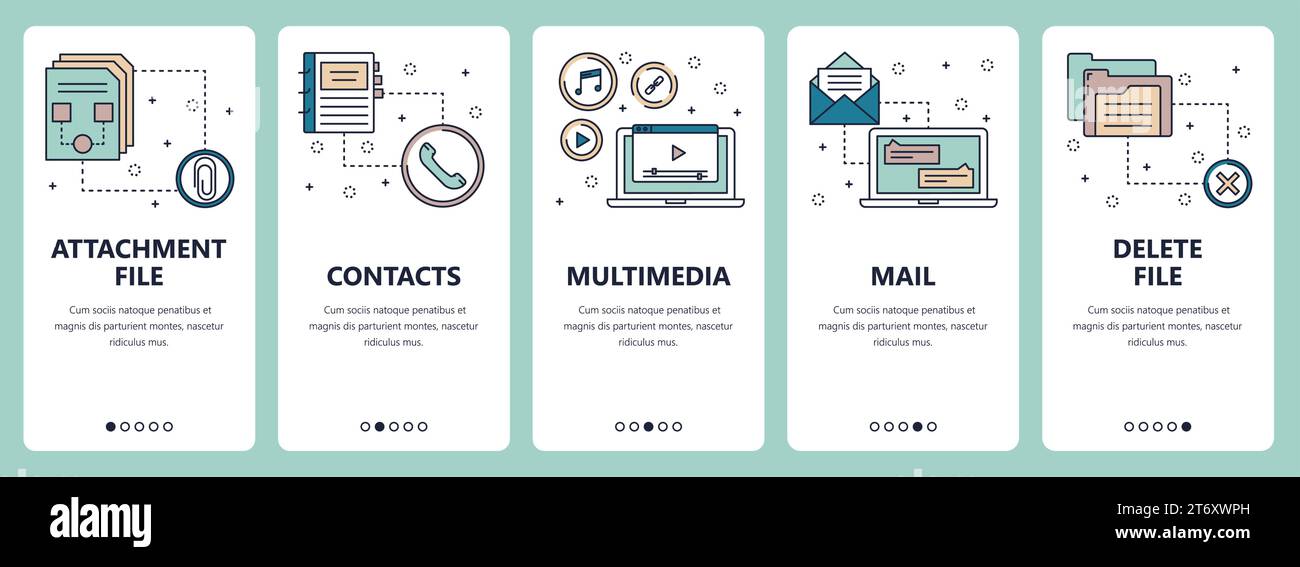 Serie vettoriale di banner verticali con file allegati, contatti, Multimedia, posta, Elimina file sito Web e modelli di app mobile. Moderna linea sottile Illustrazione Vettoriale