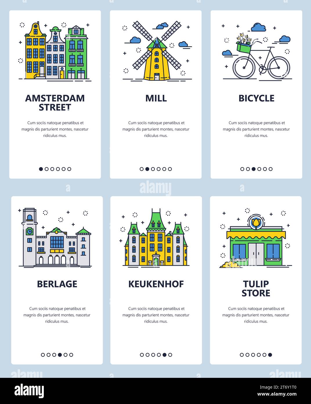 Set vettoriale di schermate di onboarding delle app mobili. Amsterdam Street, Mill, Bicycle, Berlage, Keukenhof, banner e modelli Web del negozio Tulip. Arte sottile Illustrazione Vettoriale