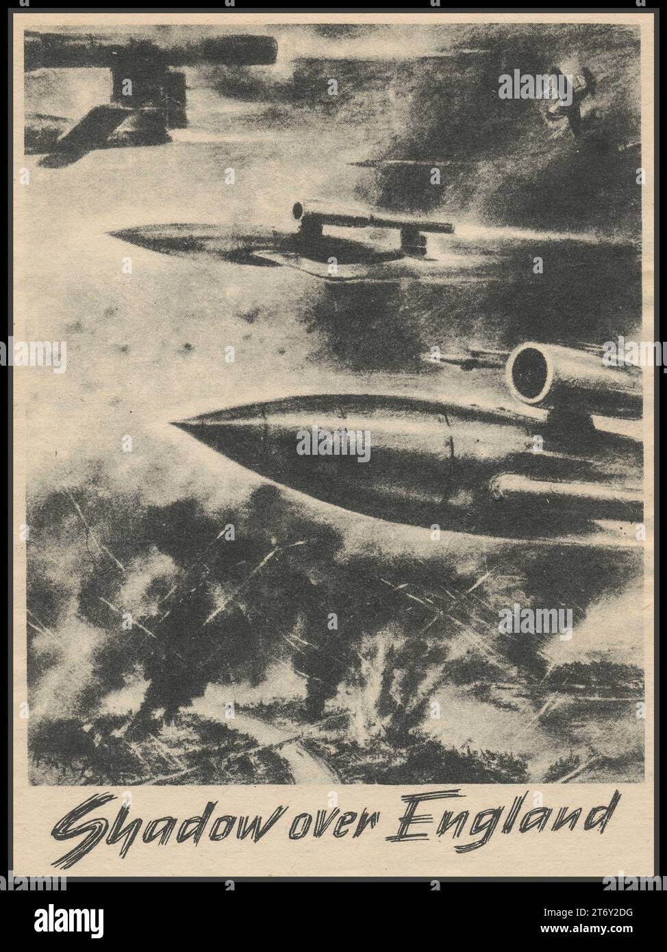 WW2 Nazi V1 Rocket Flying Bomb opuscolo propagandistico Drop poster card 1940, progettato per terrorizzare il pubblico britannico con bombardamenti civili indiscriminati. Titolo "OMBRA SULL'INGHILTERRA" seconda guerra mondiale arma terroristica della Germania nazista Foto Stock