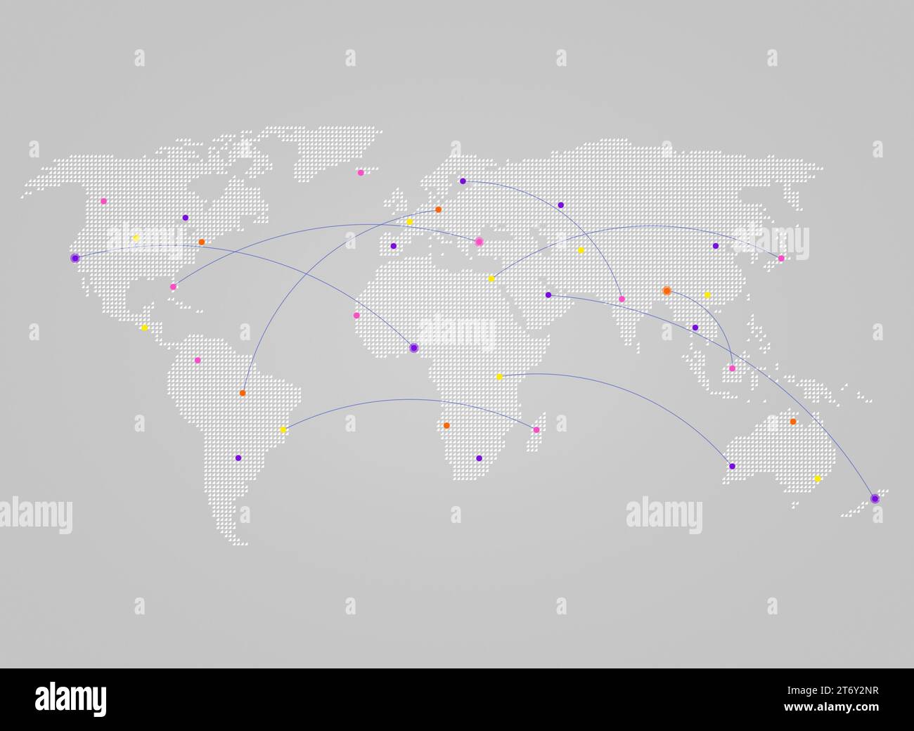 Mappa del mondo bianca composta da piccoli triangoli su sfondo grigio con linee curve o percorsi di volo che collegano punti colorati come città. Foto Stock