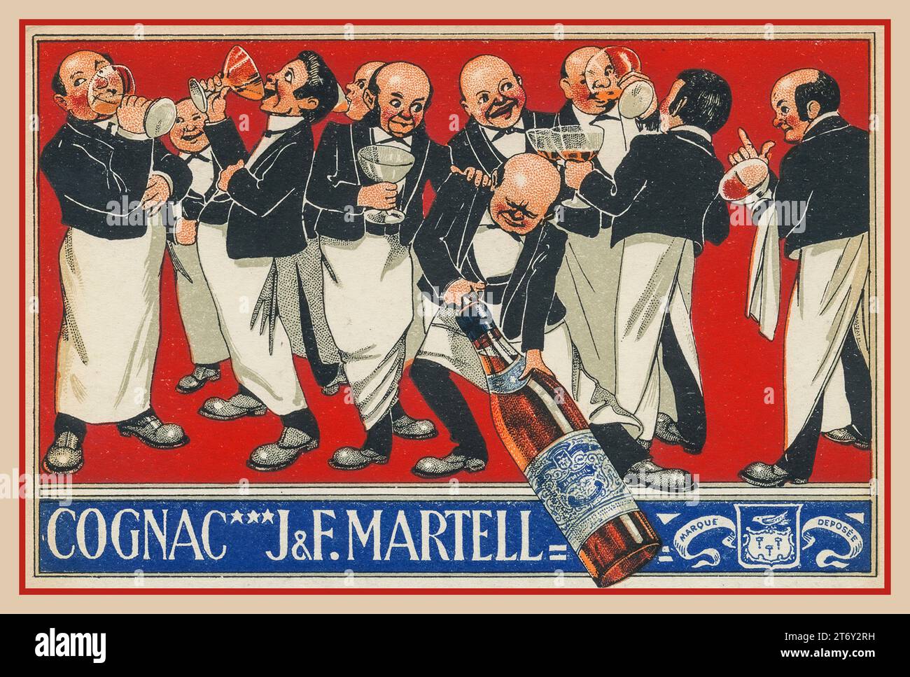 Cartolina pubblicitaria MARTELL IN COGNAC anni '1920. Brandy Cognac francese bevande alcoliche pubblicità, con caricatura camerieri francesi tradizionali che aprono bere e assaggiare il J&F Martell Cognac France Foto Stock