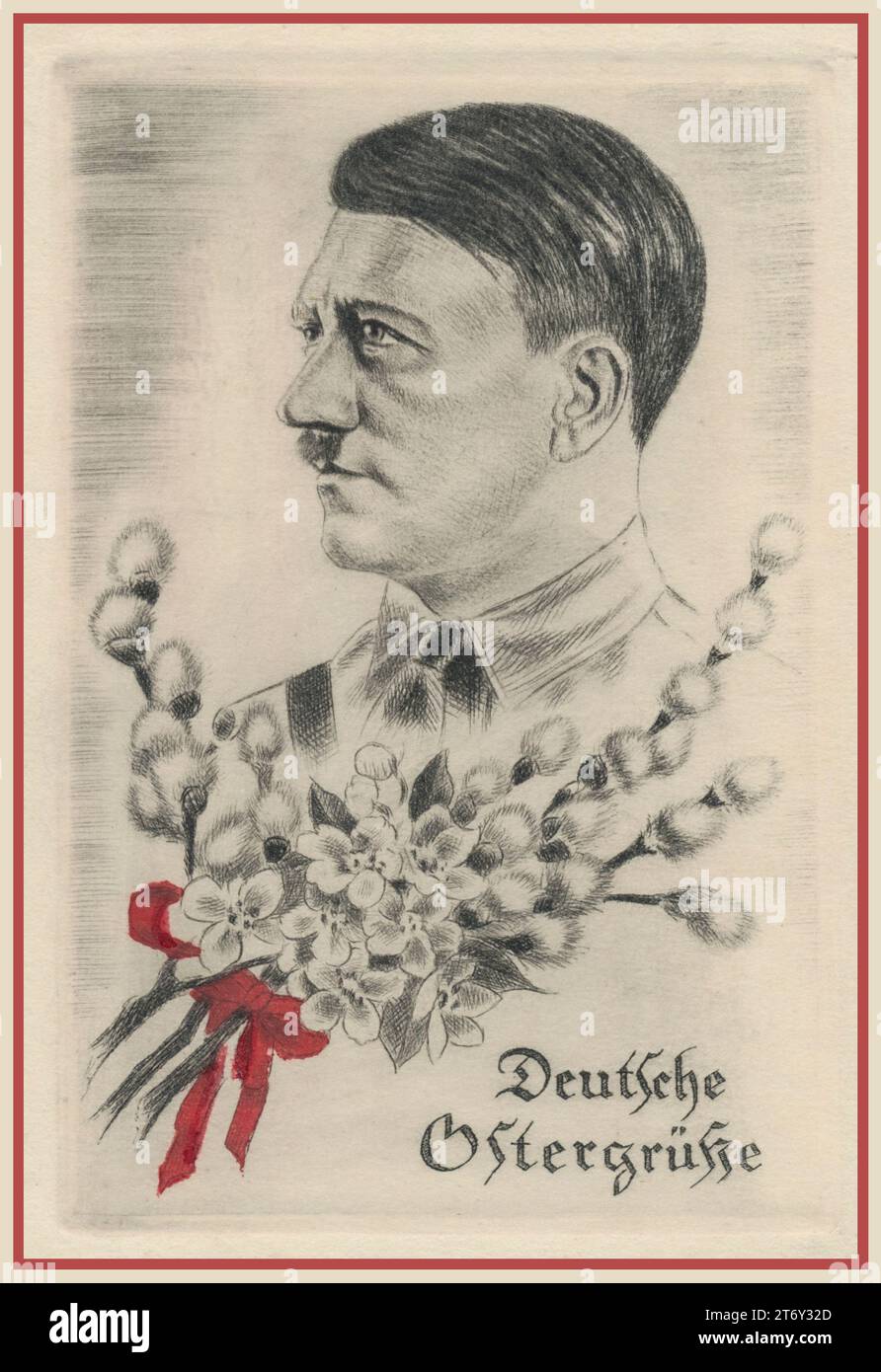 Scheda di propaganda della Germania nazista degli anni '1930 con illustrazione di Adolf Hitler degli anni '1930 con fiori e intitolata "SALUTI DI PASQUA TEDESCHI" Foto Stock