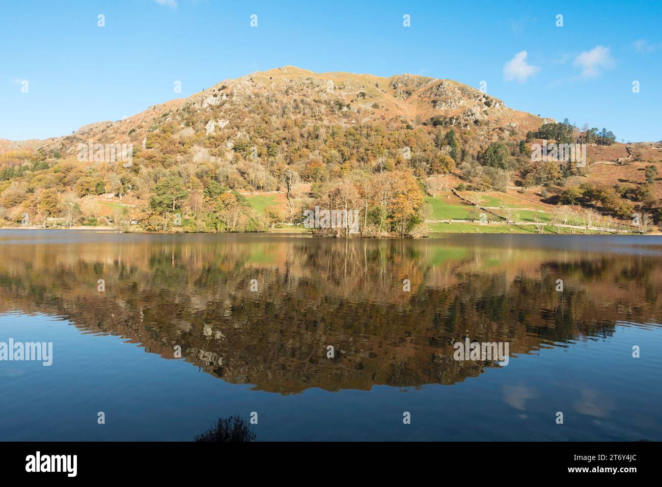 Vista autunnale di NAB Scar riflessa in Rydal Water, distretto dei laghi, Inghilterra, Regno Unito Foto Stock