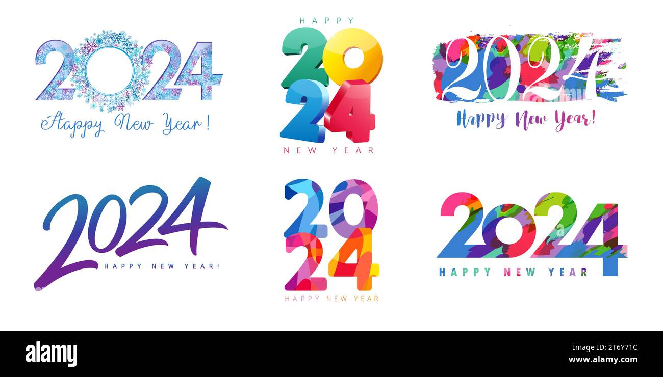 Grande set di colori creativi per il 2024 con logo Happy New Year. Illustrazione vettoriale con numeri colorati fiocco di neve, 3D, pennello grunge, calligrafia, facet Illustrazione Vettoriale