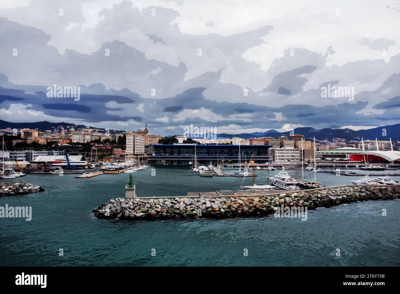 Porto di Genova e paesaggio urbano coperto. Al centro del salone marittimo internazionale. Yacht nei parcheggi Foto Stock