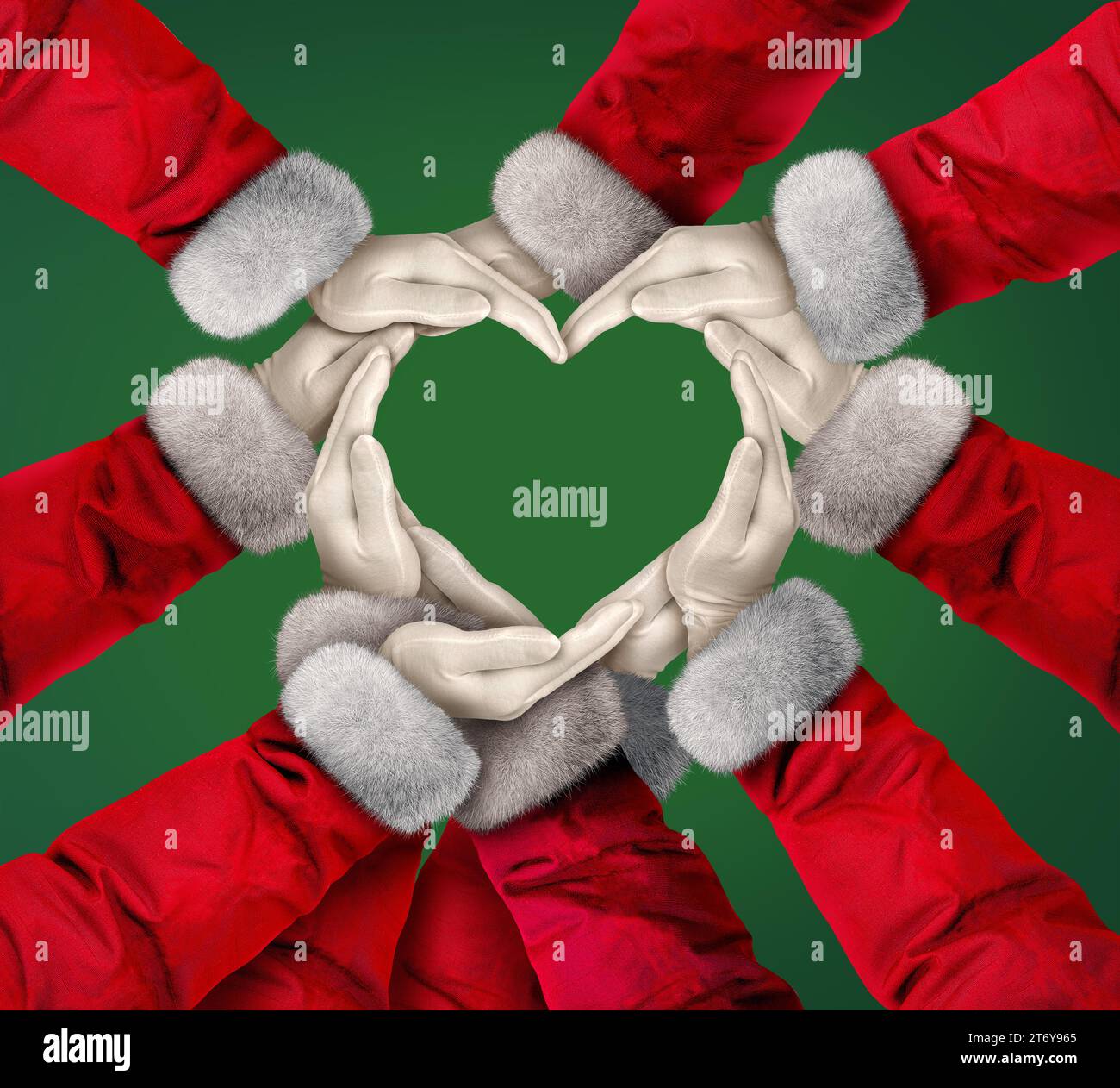 Vacanze di Natale amore e unità della comunità come un gruppo di mani e braccia di Babbo Natale che si uniscono insieme nello spirito della stagione del dono Foto Stock