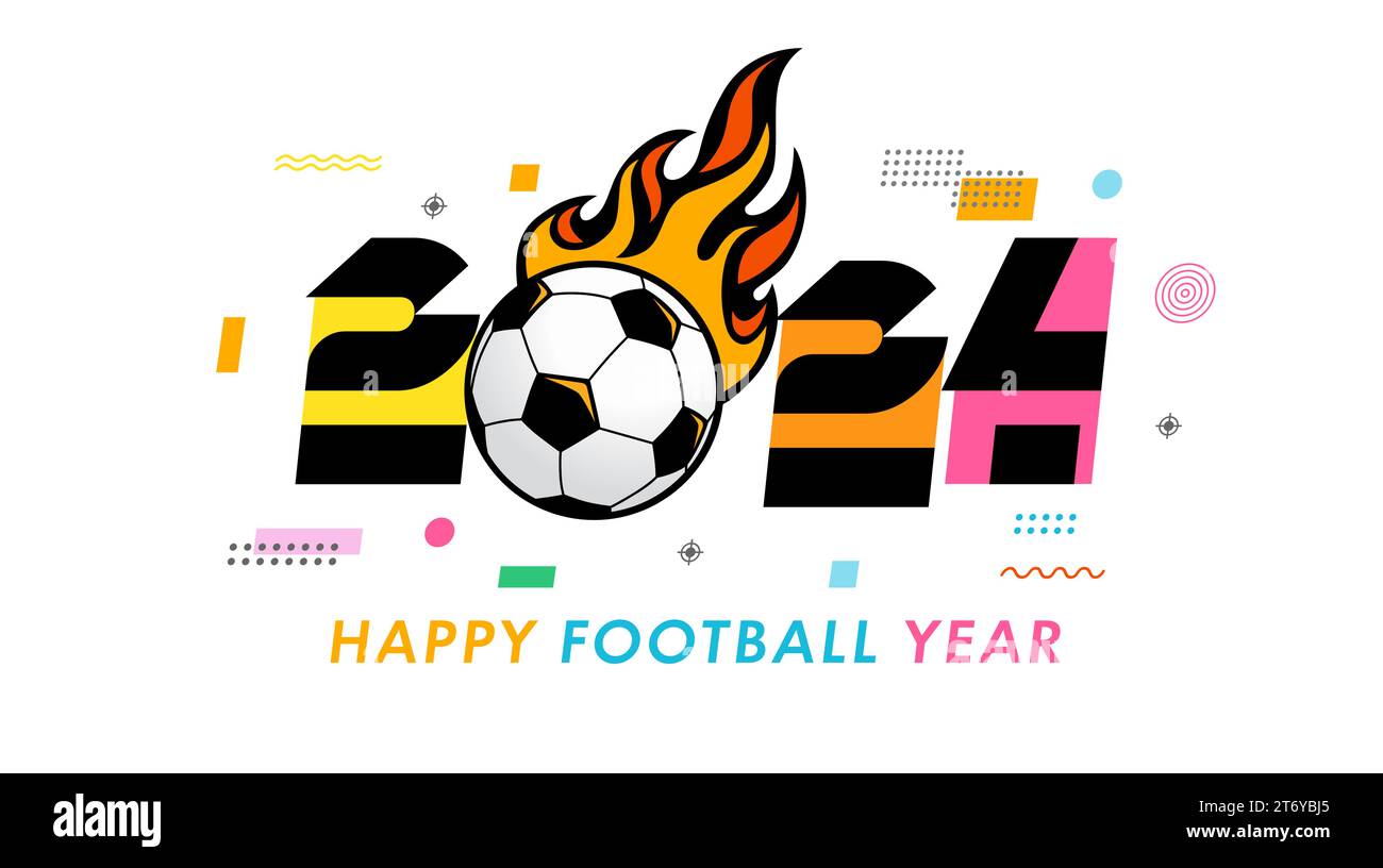2024 Happy Football Year, colori numeri ed elementi di stile memphis. Illustrazione vettoriale con cifre colorate creative e pallina in fiamme. Concetti Illustrazione Vettoriale