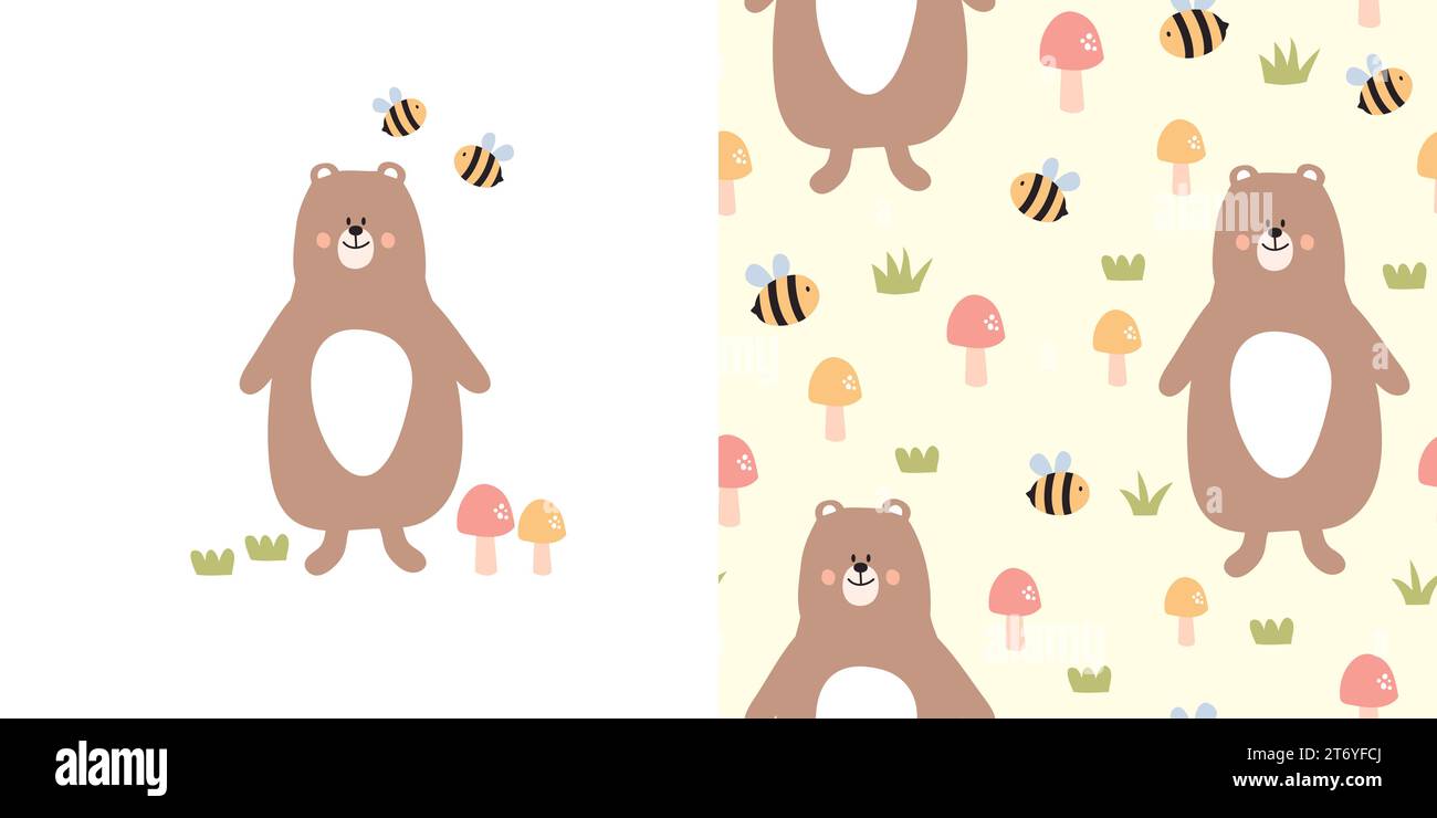 Carino da orso e motivo senza cuciture. Bambini di fondo con orso, ape e funghi. Illustrazione vettoriale. Illustrazione Vettoriale