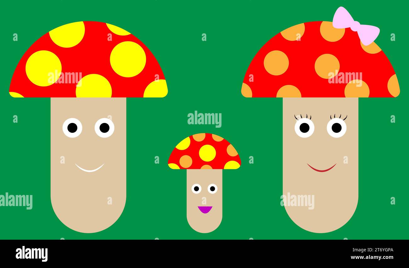Personaggi funghi, famiglia funghi, padre e madre e figlio, famiglia felice, design del personaggio, illustrazione della famiglia, adatto per contenuti educativi Foto Stock