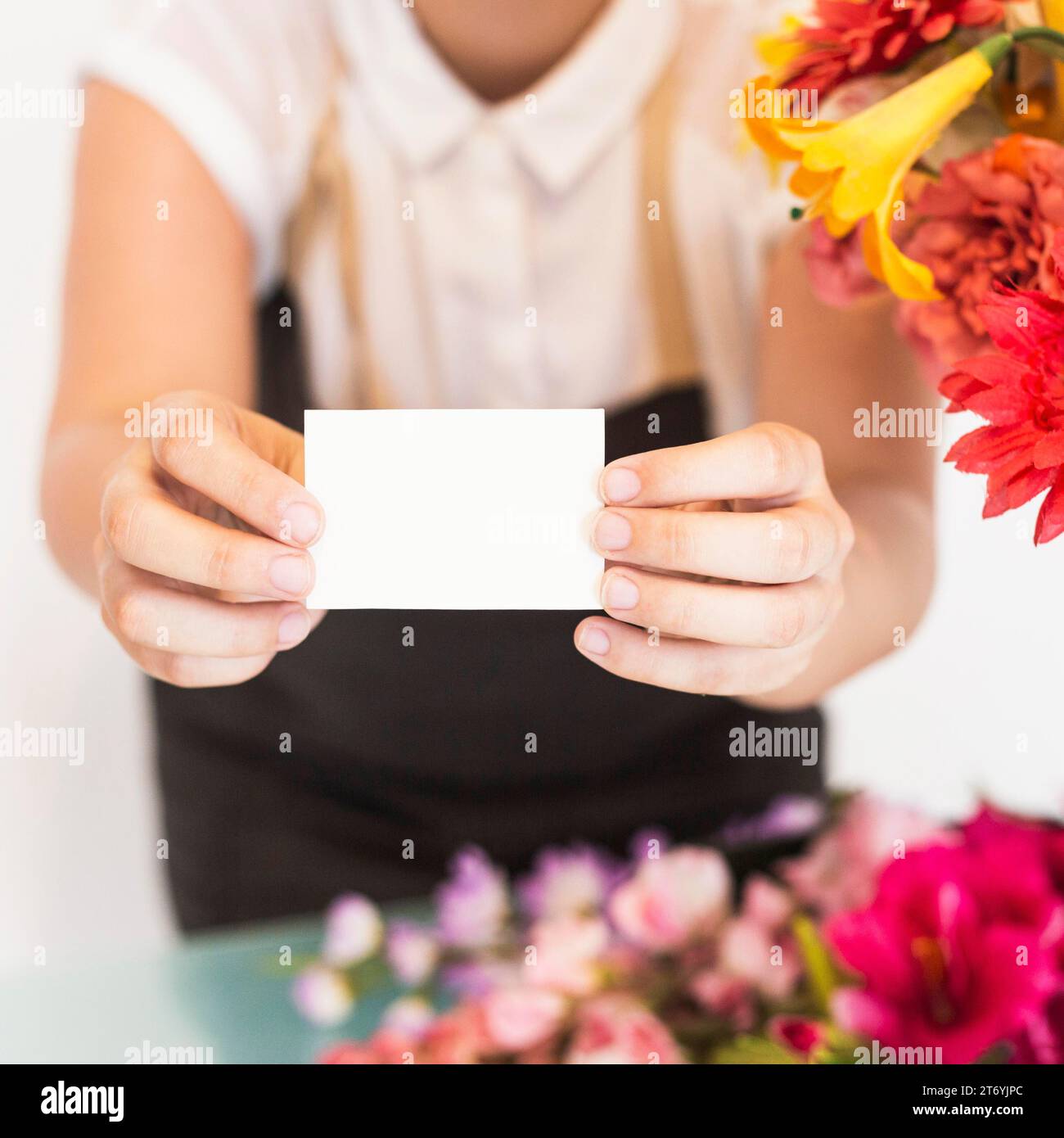 Primo piano la mano di una donna che mostra un biglietto bianco bianco da visita Foto Stock