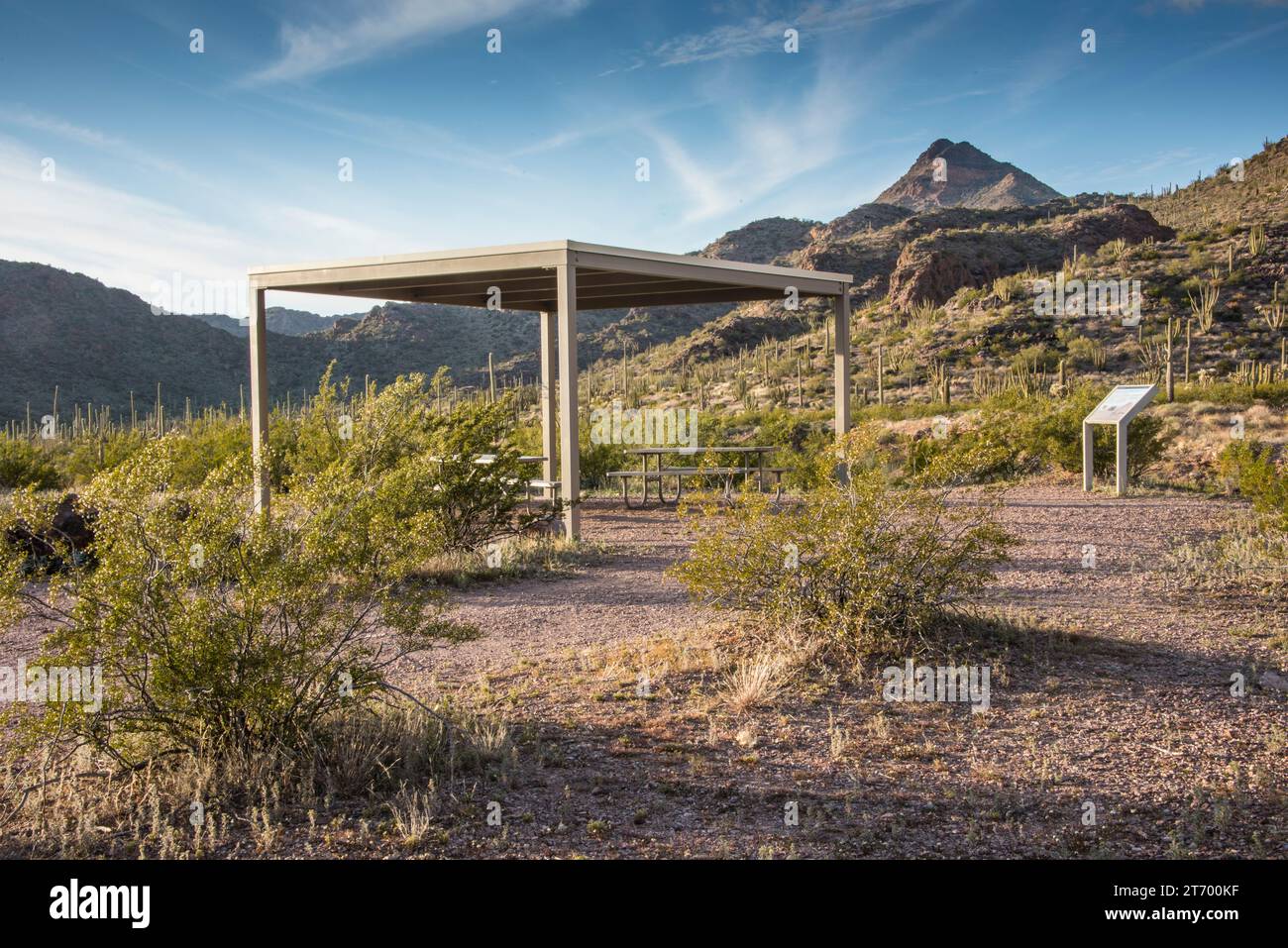 Area picnic Diablo Wash con cabana, Ajo Mountain Drive, deserto di Sonora, monumento nazionale Organ Pipe Cactus, sud-ovest, Ajo, Arizona, USA Foto Stock