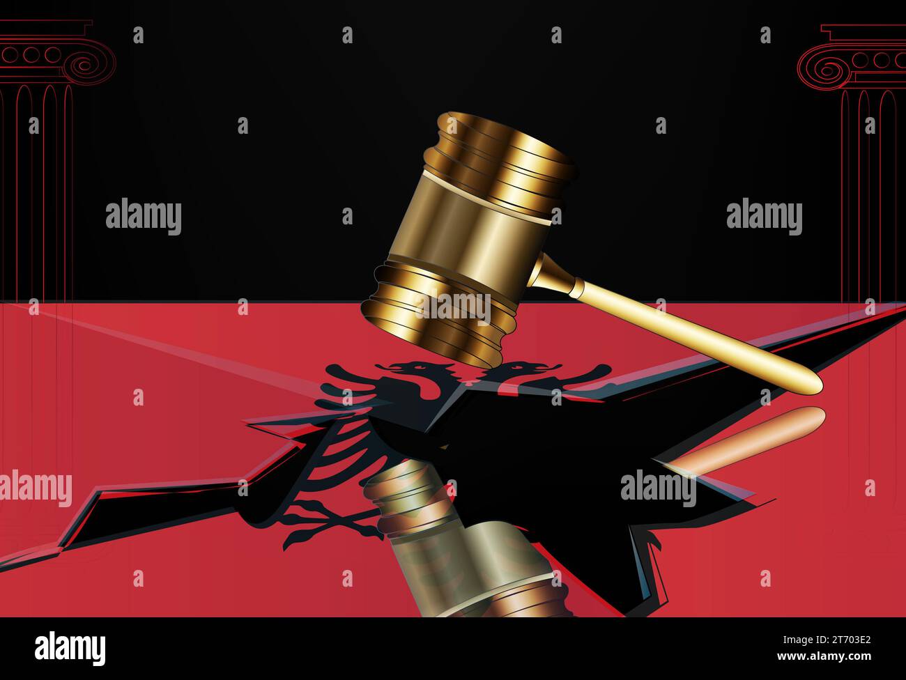 Il concetto di sistema giuridico infranto dell'Albania art.bandiera dell'Albania e un martelletto Foto Stock