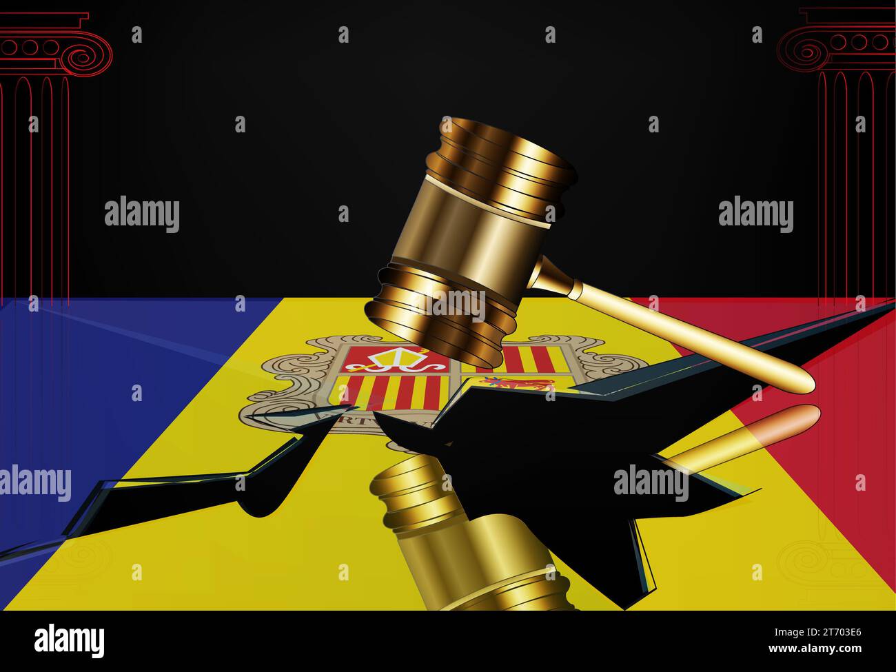 Il concetto di sistema legale infranto di Andorra art.bandiera di Andorra e un martelletto Foto Stock