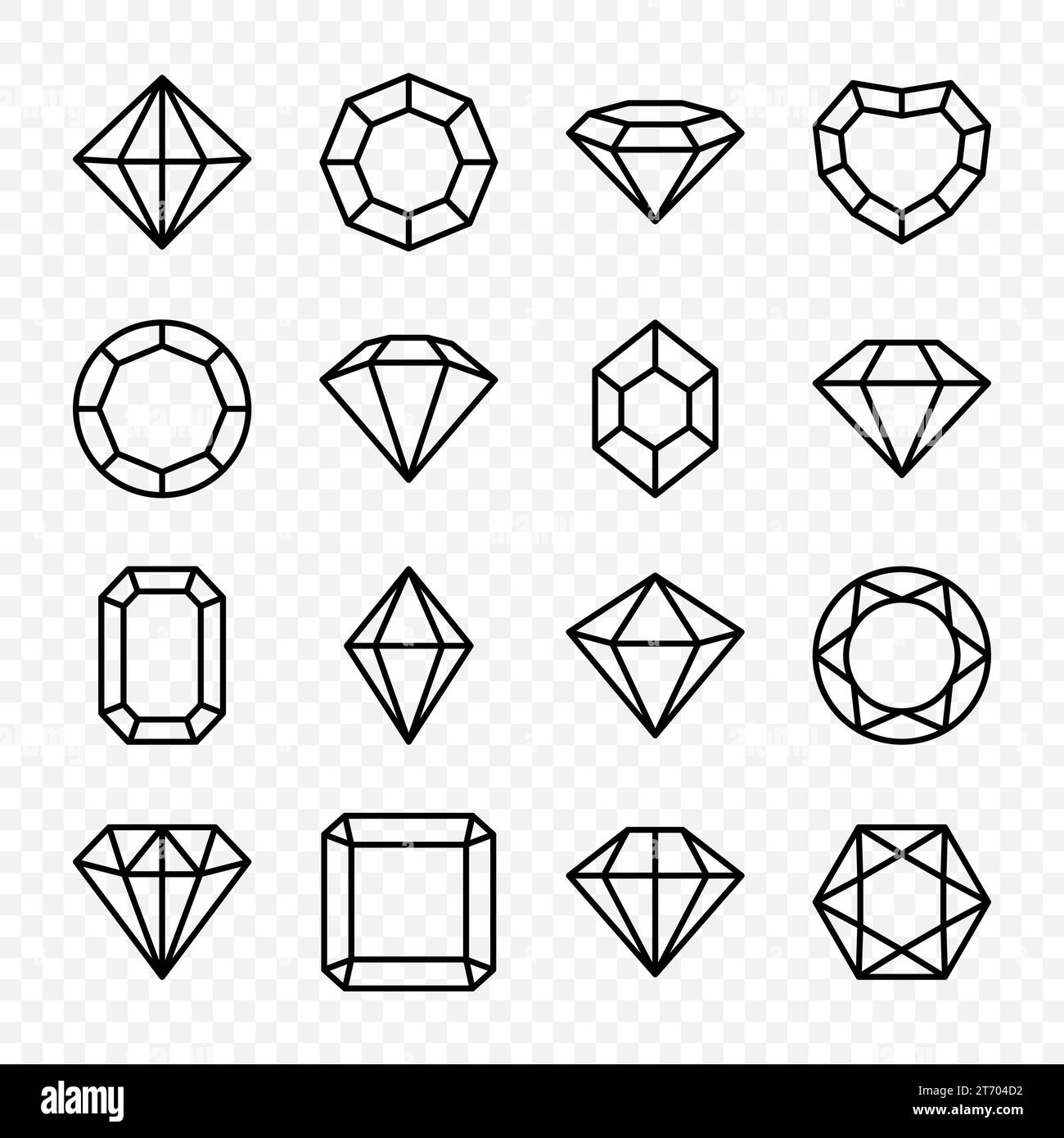 Set di icone Gemstone in bianco e nero lineari semplici e minimalistiche Vector Flat. Diamanti, Crystal, Rhinestones Closeup isolati. Concetto Jewerly. Progettazione Illustrazione Vettoriale