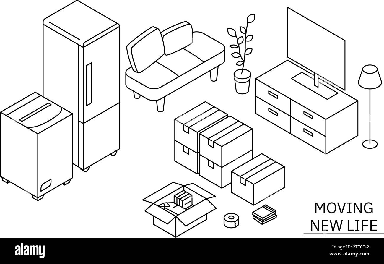 Trovare una stanza in affitto: Prepararsi a muoversi, semplice isometrica, bianco e nero, illustrazione vettoriale Illustrazione Vettoriale