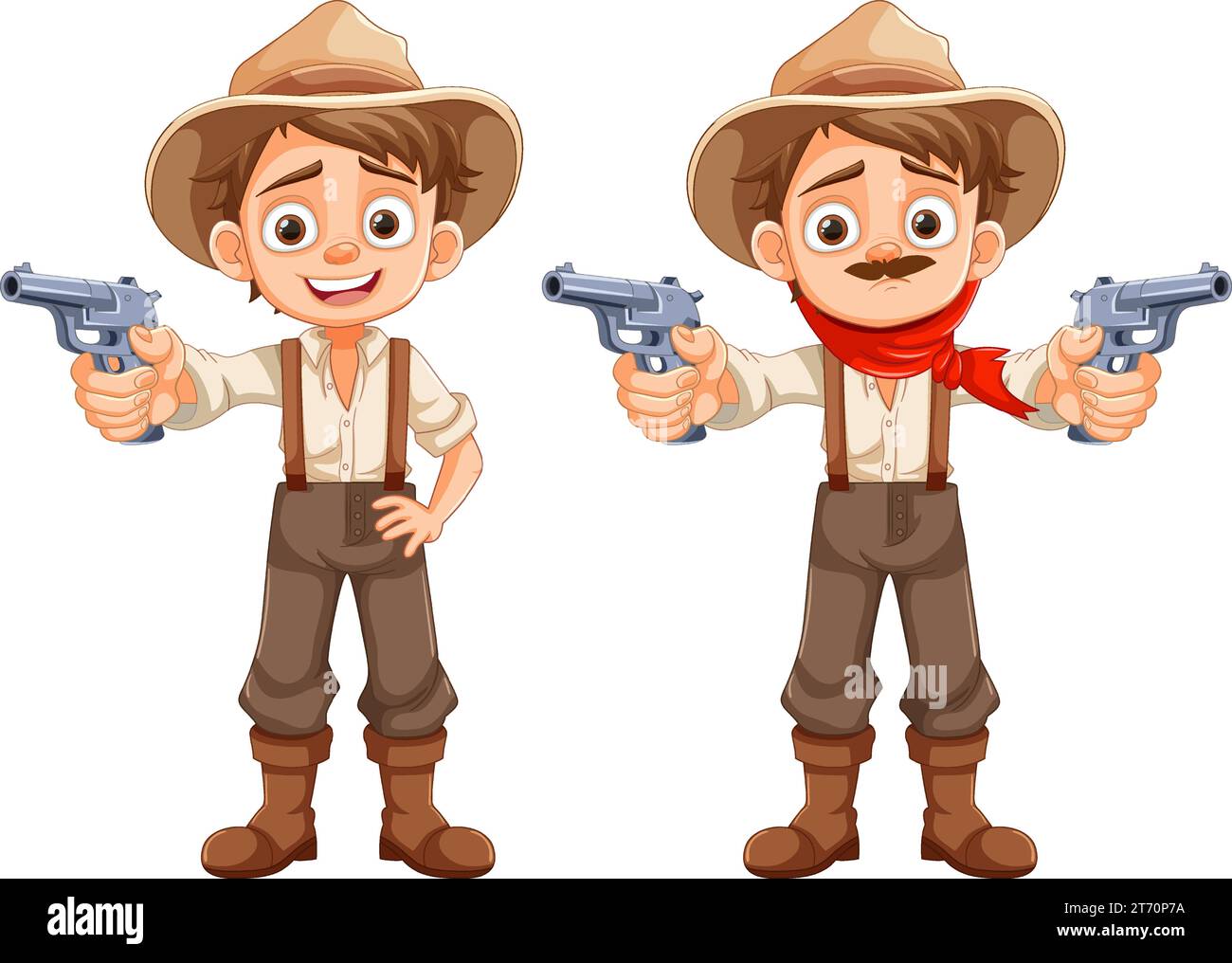 Un personaggio da cartone animato vettoriale di un giovane cowboy che indossa abiti da contadino e tiene in mano una pistola Illustrazione Vettoriale