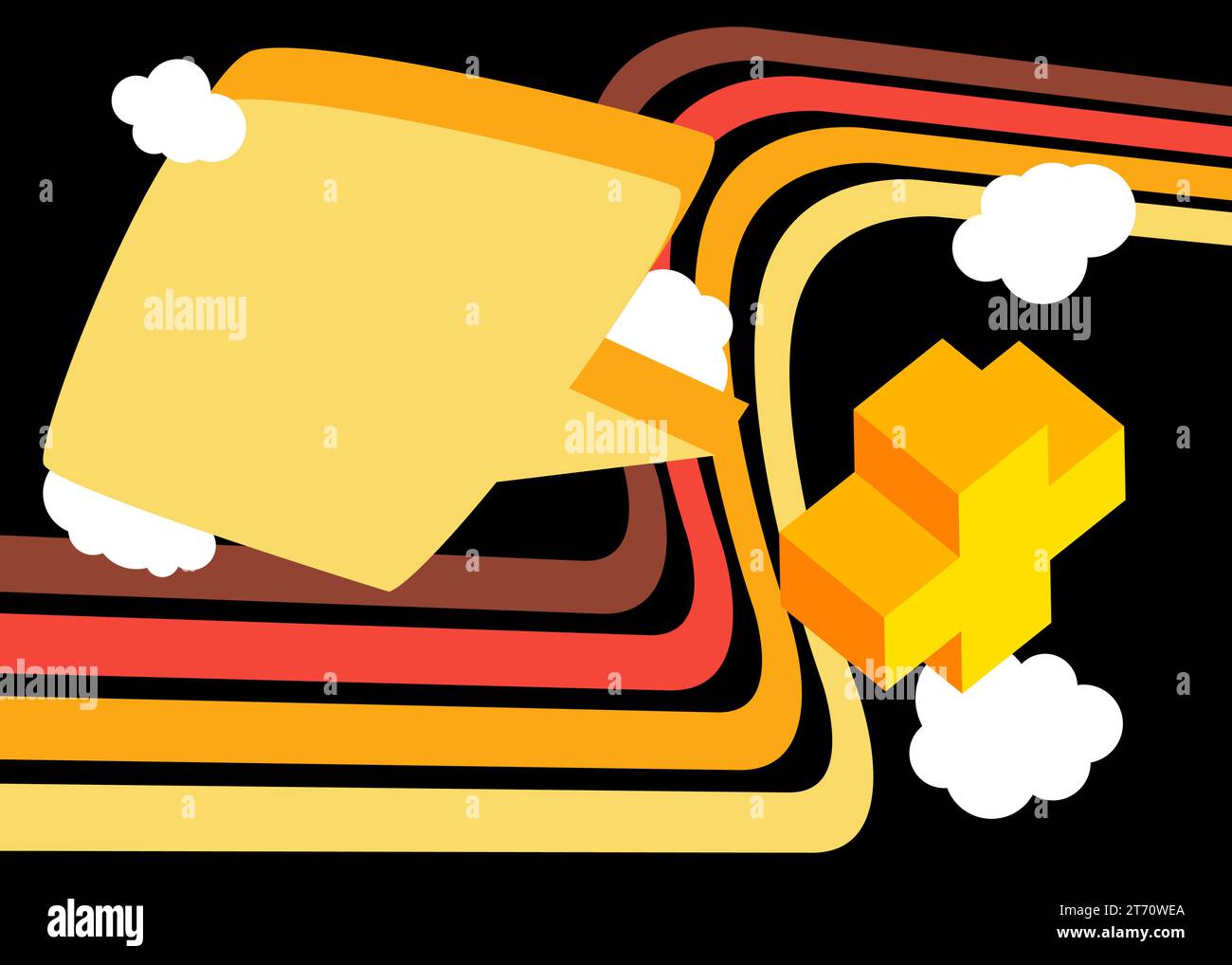 Semplici linee retrò degli anni '70 sullo sfondo con bolla vocale e segno più giallo. Groovy abstract art degli anni '1970. Poster di design Buzy Vintage. Illustrazione Vettoriale