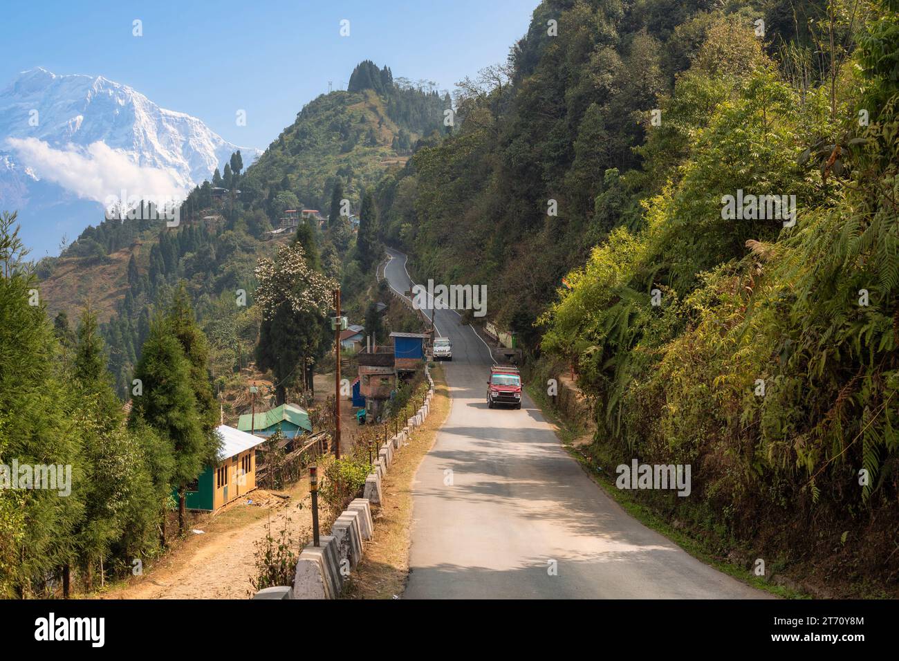 Strada panoramica di montagna circondata da montagne e alberi sulla strada per Kolakham nel distretto di Kalimpong Bengala Occidentale India Foto Stock