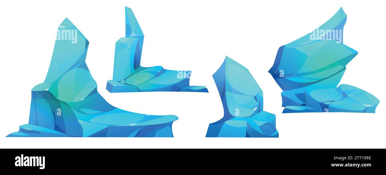 Blocchi di ghiaccio isolati su sfondo bianco. Cartoni animati vettoriali con pezzi di iceberg blu, ghiacciaio del polo nord, ghiacciai oceanici freddi, cristalli di acqua ghiacciata, elementi di design del paesaggio di giochi invernali Illustrazione Vettoriale