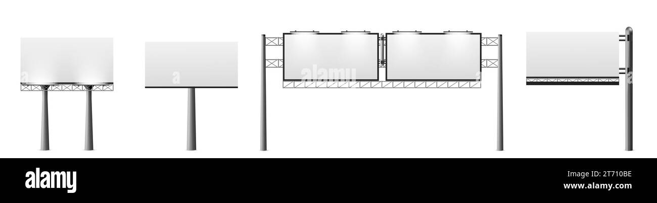 Mockup per affissioni per esterni isolati su sfondo bianco. Illustrazione vettoriale realistica di pannelli pubblicitari stradali 3d con superficie vuota e illuminazione a LED, modello di banner informativo Illustrazione Vettoriale