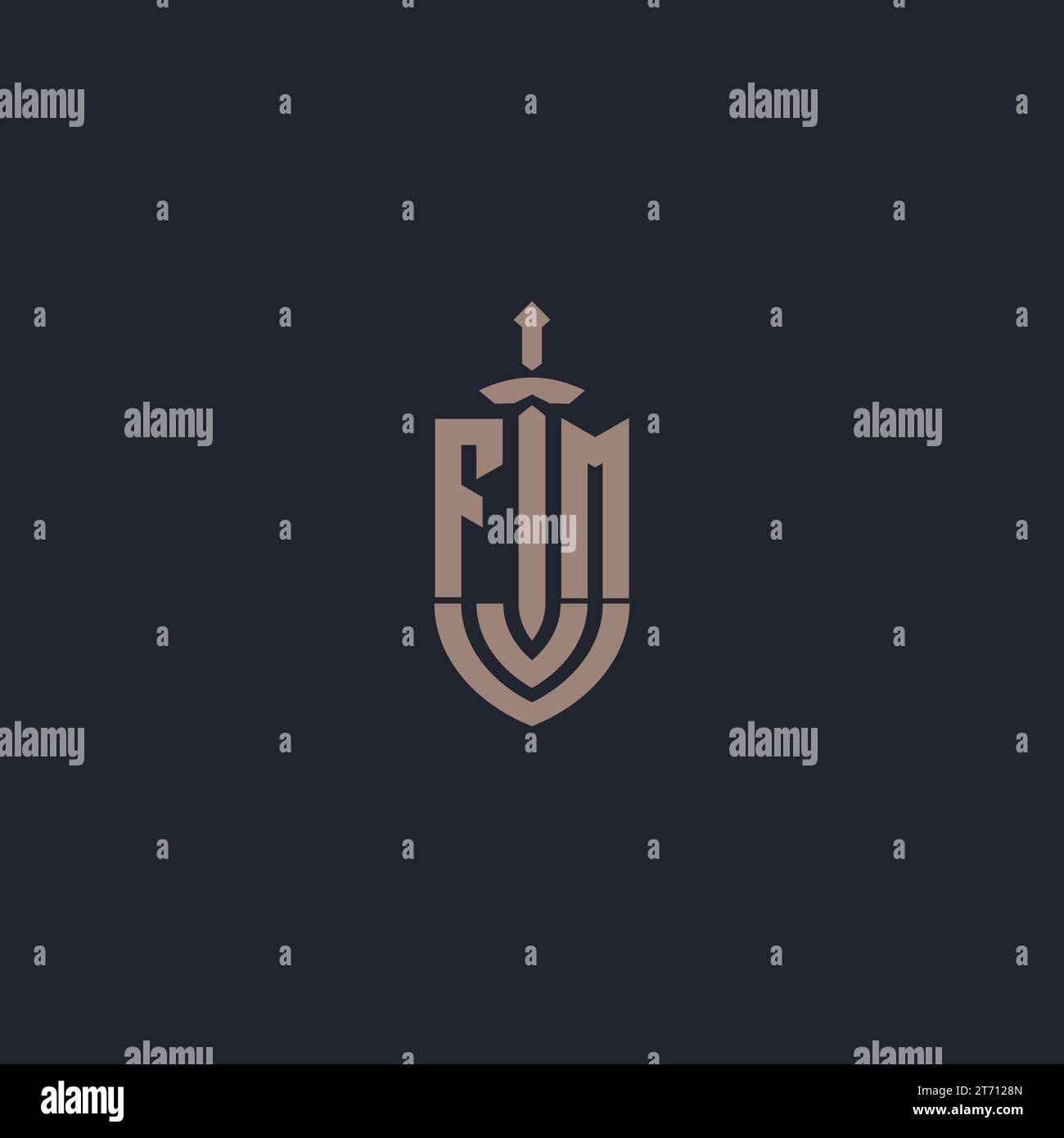 Monogramma con logo FM con forma di spada e scudo vettore Illustrazione Vettoriale