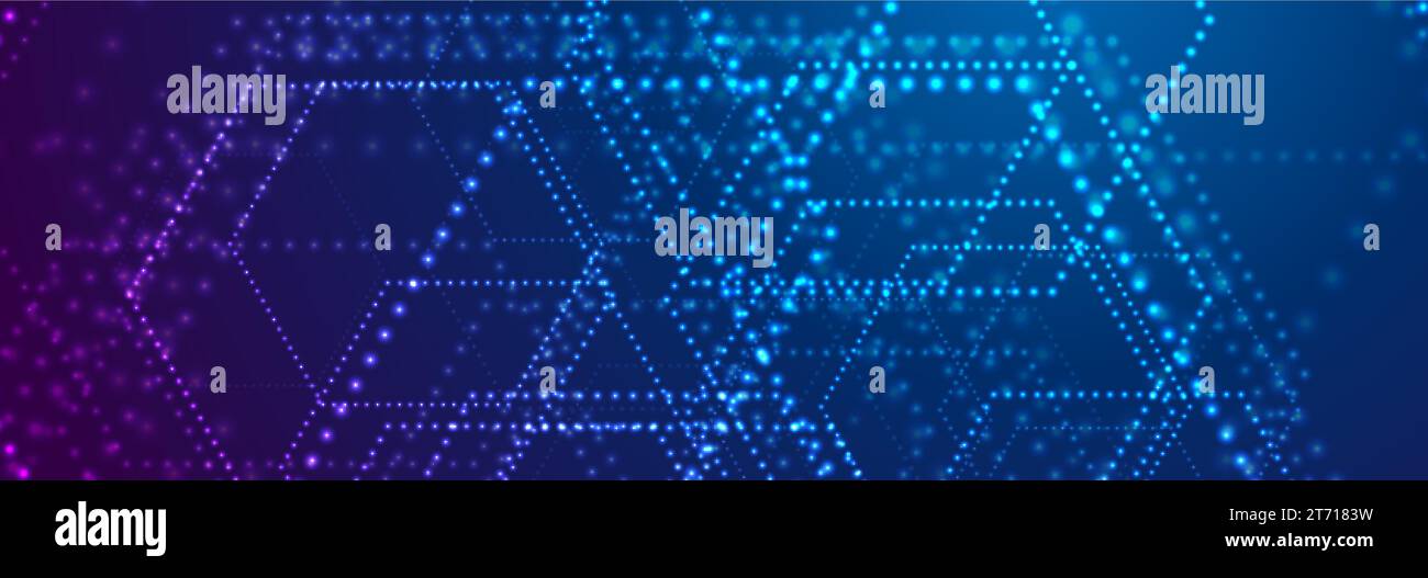 Gli esagoni a puntini futuristici brillanti al neon astraggono lo sfondo hi-tech. Banner geometrico vettoriale Illustrazione Vettoriale