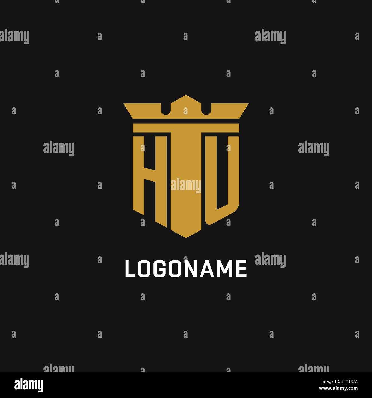 Logo iniziale HU con idee di design in stile scudo e corona Illustrazione Vettoriale