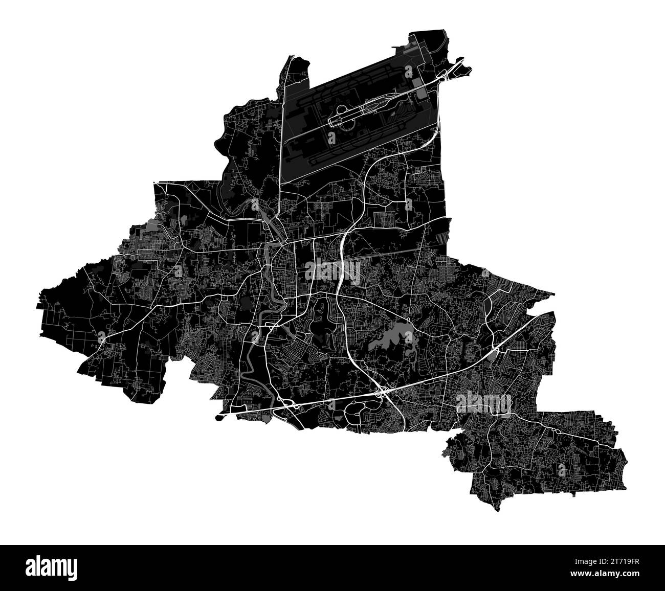 Mappa di Tangerang. Mappa nera dettagliata dell'area amministrativa della città di Tangerang. Vista sull'aria metropolitana con poster del paesaggio urbano. Terra nera con strade bianche e aven Illustrazione Vettoriale