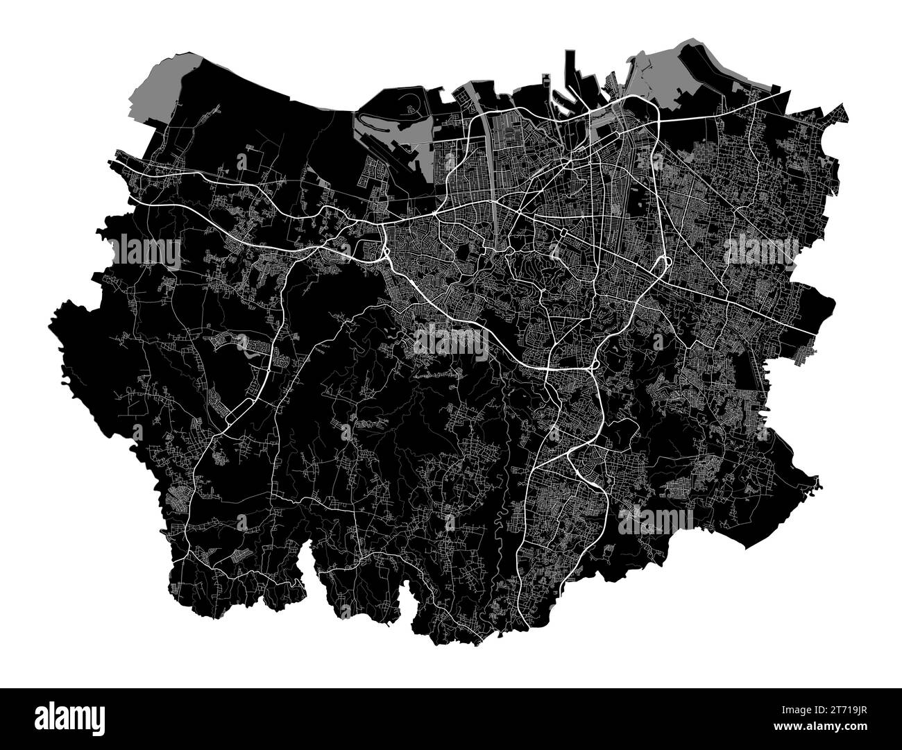 Mappa di Semarang. Mappa nera dettagliata dell'area amministrativa della città di Semarang. Vista sull'aria metropolitana con poster del paesaggio urbano. Terra nera con strade bianche e avenue Illustrazione Vettoriale