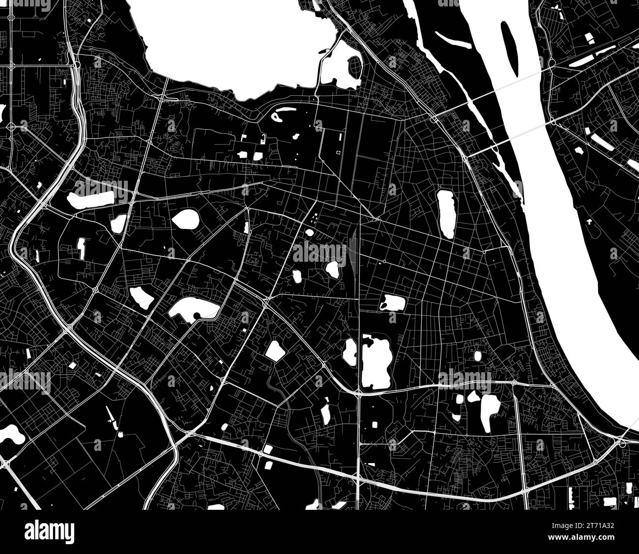 Mappa della città di Hanoi. Poster urbano in bianco e nero. Immagine della mappa stradale con vista dell'area verticale della città metropolitana. Illustrazione Vettoriale