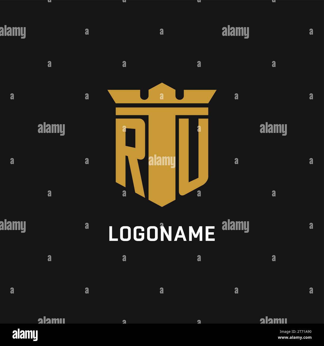 Logo iniziale RU con idee di design in stile scudo e corona Illustrazione Vettoriale