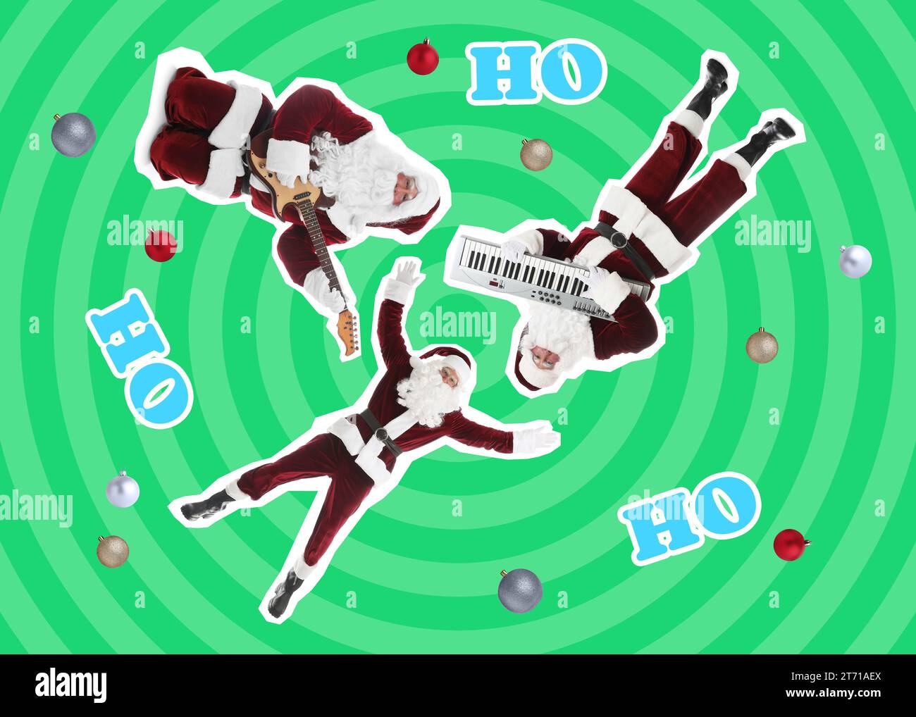 Opere d'arte luminose per le vacanze invernali. Babbo Natale, musica su sfondo a colori, collage creativo Foto Stock