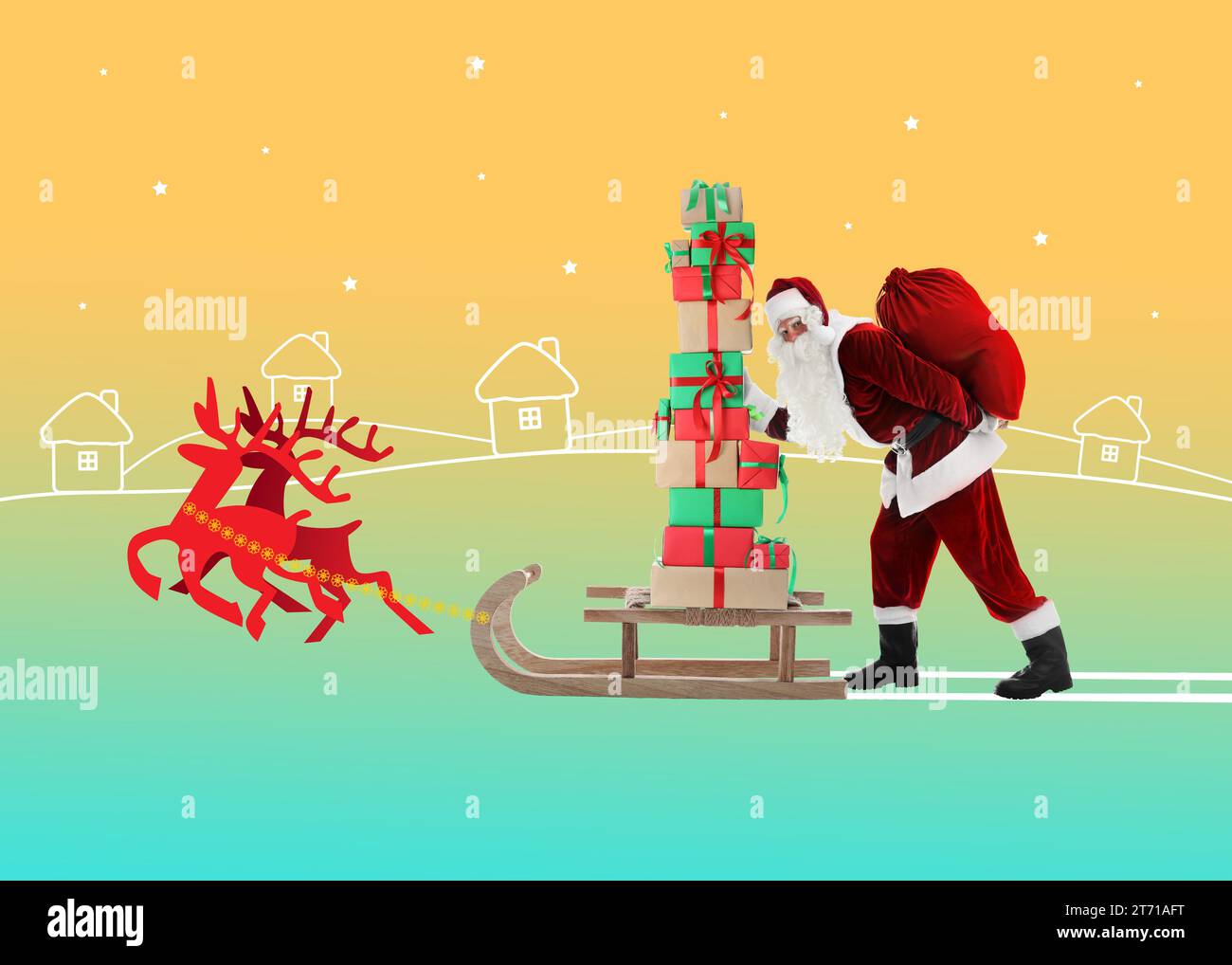 Opere d'arte luminose per le vacanze invernali. Babbo Natale con renne che regala regali su sfondo colorato, collage creativo Foto Stock