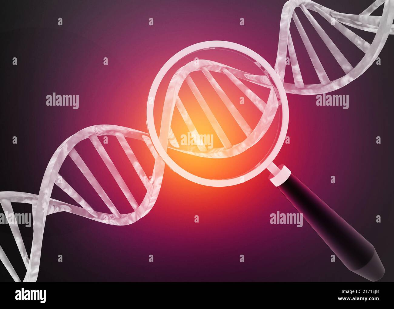 Catena del DNA con lente d'ingrandimento, analisi del DNA. rendering 3d. Foto Stock