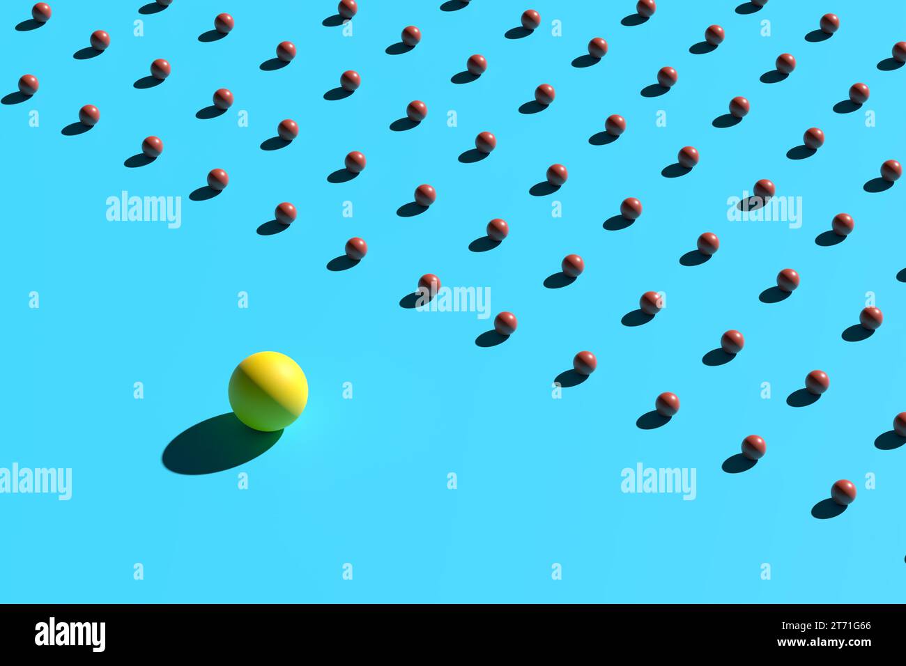 Concetto di lavoro di squadra e leadership. La grande palla gialla si confronta con le piccole palle rosse su sfondo blu. Rendering 3D. Foto Stock