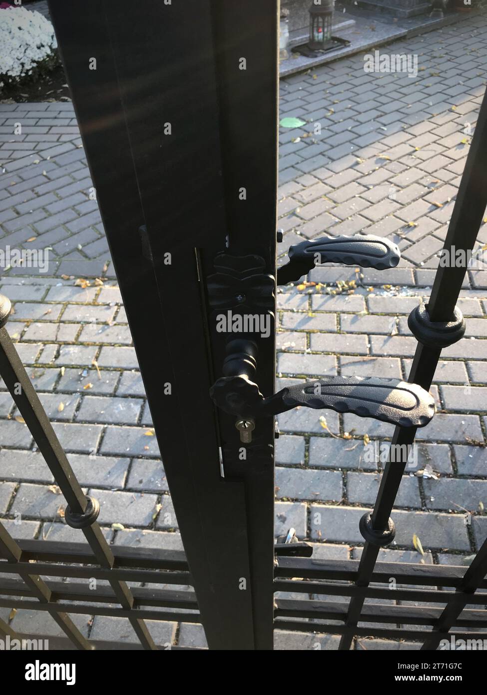 Vista della recinzione con una maniglia visibile. Foto Stock